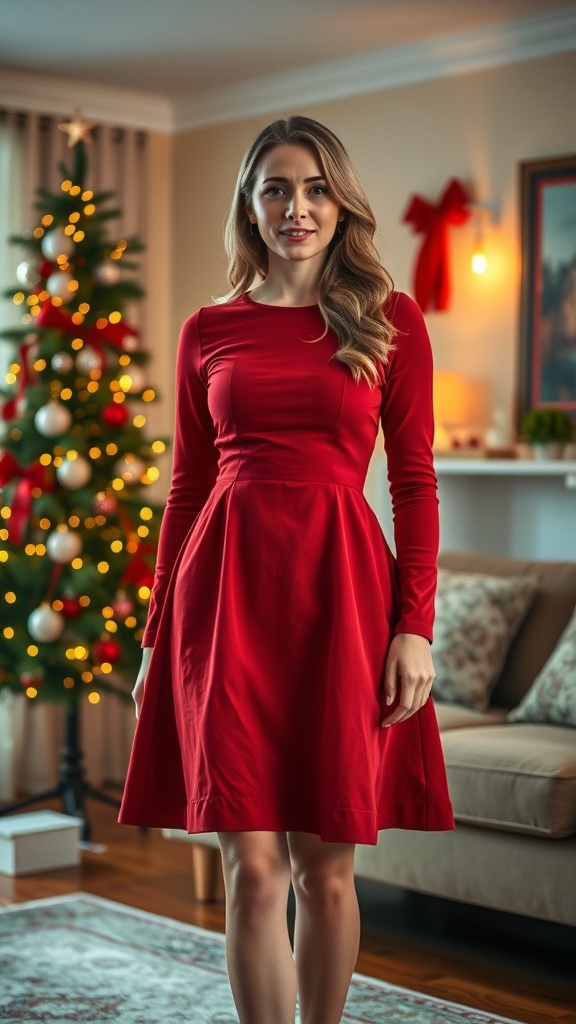 Rory Gilmore in a festive red A-line Christmas dress, surrounded by holiday decorations.